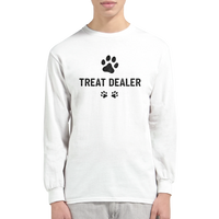 Load image into Gallery viewer, White - Treat Dealer long sleeve tee, worn by a man, plain light background

