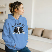 Load image into Gallery viewer, Carolina Blue - Yes I Herd You Border Collie hoodie, worn by a woman sitting on a couch in a living room
