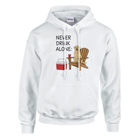Load image into Gallery viewer, White - Never Drink Alone hoodie, plain front view on white
