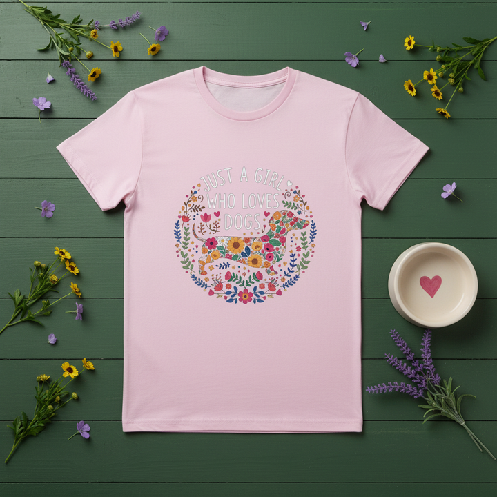 Light pink - Just A Girl Who Loves Dogs tee, flat lay