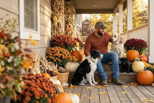 Our three dogs on the porch: a Border Collie, a Yellow Lab and a Black Lab puppy