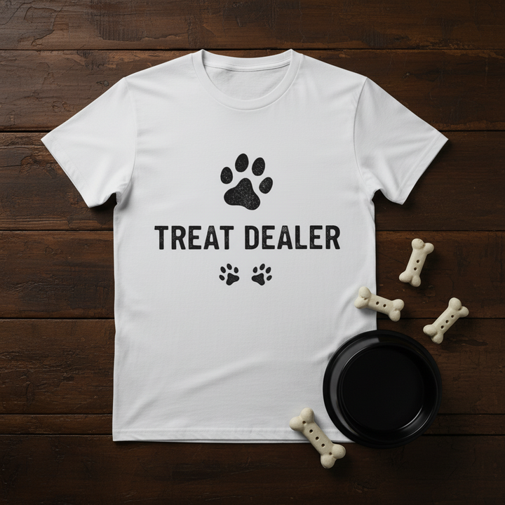 White - Treat Dealer tee, flat lay