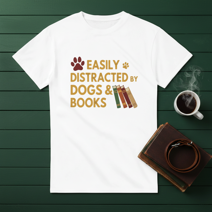 White - Easily Distracted by Dogs and Books tee, flat lay