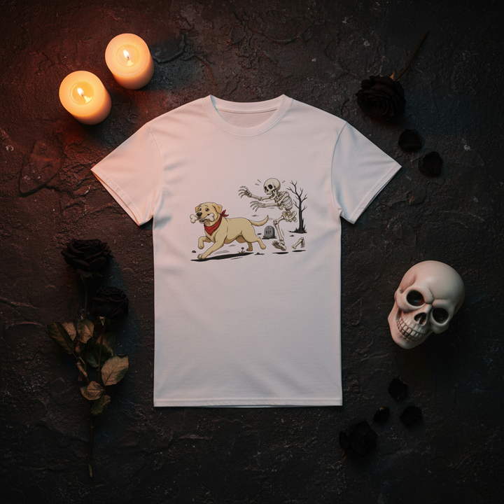 White - Dog Stealing Bone From Skeleton Halloween tee, flat lay